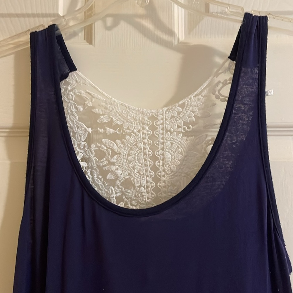 Open Gates Tank Top Women Flowy Navy Blue Scoop Neck Knit Crochet Lace Back Sz M